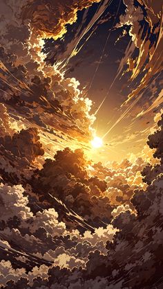 the sun is shining through some clouds in this anime scene, it looks like they are floating