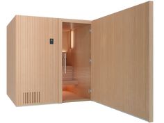 the inside of a sauna is made out of wood and has an open door