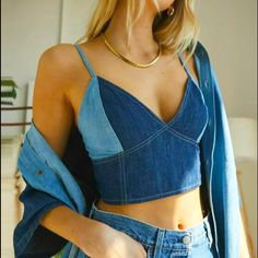 Women’s Crop Top Denim Material That’s Zipper Adjustable Straps Built-In Bra Nwt Ropa Upcycling, Color Combinations For Clothes, Denim Crop Top, Moda Jeans, Cute Tank Tops, Denim Color, Cropped Tops, Cropped Cami, Cami Crop Top