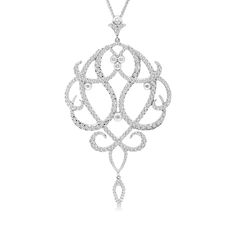 This detailed chandelier filigree pendant, is unique and chic. Elegant and classic, this chandelier filigree pendant is set in 14K white gold, and features a diamond lined, swirly, filigree chandelier design. The pendant hangs from a white gold chain and is attached by an embellished bail at the top of the pendant. This pendant is sure to be adored by all who see it and makes for a beautiful gift.
We are happy to answer any of your questions! Contact us! Luxury Filigree Diamond Necklace For Formal Occasions, Elegant White Gold Filigree Diamond Necklace, Luxury White Gold Diamond Necklace With Filigree, Elegant White Gold Diamond Necklace With Filigree, Elegant Filigree Diamond Pendant Necklace, Luxury Silver Filigree Diamond Necklace, Luxury Silver Diamond Filigree Necklace, Elegant Diamond Necklace With Intricate Pendant Design, Exquisite Filigree Diamond Necklace For Formal Occasions