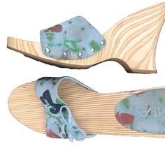 MIA heels wedge 3 inch heels slip on leather blue floral Sandals woman sz9 shoes Spring Slip-on Heels With Wooden Heel, Spring Mules With Wooden Wedge Heel, Blue Mules With Wooden Heel For Spring, Spring Wooden Heel Slip-on Heels, Blue Clogs With Wooden Heel For Summer, Blue Spring Mules With Wooden Heel, Summer Embroidered Wedge Heel Sandals, Casual Wedge Heels With Floral Print, Spring Open Toe Clogs With 4-inch Heel