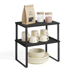 three tiered shelving unit with plates, bowls and coffee bags on it's sides