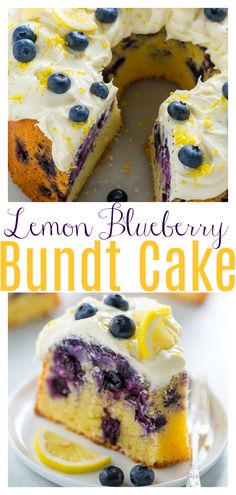 the lemon blueberry bunt cake has been cut into slices and is ready to be eaten