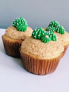 two cupcakes decorated with green frosting and sprinkles on top