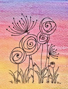 a drawing of three flowers on a pink and blue background with swirls in the middle