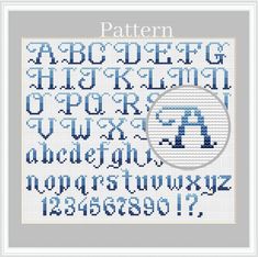 a cross stitch pattern with the letters and numbers in blue, white and grey colors