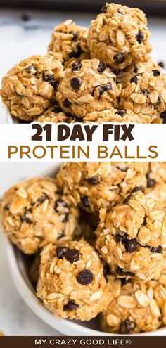 two pictures with the words 21 day fix protein balls in front of them and an image of