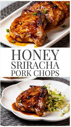 honey sriracha pork chops on a white plate