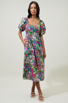 Trinity Floral Lullaby Balloon Sleeve Midi Dress – Sugarlips Multicolor Knee-length Puff Sleeve Dress With Floral Print, Multicolor Midi-length Dress With Elastic Sleeves, Printed Viscose Midi-length Dress, Green Floral Print Midi V-neck Dress, Vibrant Print V-neck Blue Midi Dress, Green Ground, Floral Cocktail Dress, Light Bright, Midi Cocktail Dress