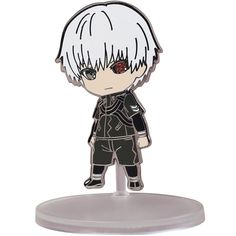 an anime character with white hair and black pants is standing on a metal stand,