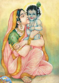 a painting of a woman holding a baby in her lap and kissing it's forehead