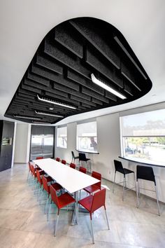 this is an image of a conference room with red chairs and white tablecloths