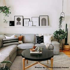 a living room filled with furniture and potted plants on top of a coffee table