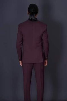 Maroon tuxedo blazer featuring kardana beads hand embroidered work behind a contrasting black lapel. Comes with a vest, black shirt, pant and a bow-tie. - Aza Fashions Tailored Party Wear Blazer For Semi-formal Occasions, Elegant Festive Business Sets, Festive Party Wear Formal Blazer, Tailored Suits For Formal Party Wear, Festive Formal Party Wear Blazer, Fitted Party Wear Blazer For Festive Occasions, Tailored Bandhgala For Semi-formal Occasions, Formal Festive Suits With Suit Collar, Festive Formal Suits With Suit Collar