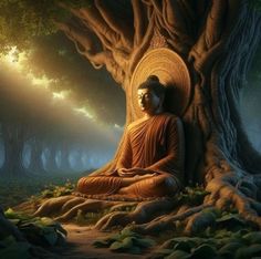 a buddha statue sitting in the middle of a forest next to a tree with roots