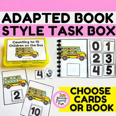 a yellow school bus with numbers on it and the words adapted book style task box