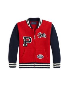 Polo Ralph Lauren Boys' Cotton Full Zip Letterman Sweater Jacket - Little Kid Varsity Long Sleeve Track Jacket For Fall, Fall Varsity Long Sleeve Track Jacket, Fall Varsity Track Jacket With Long Sleeves, Red Outerwear With Ribbed Cuffs And Baseball Collar, Varsity Outerwear With Ribbed Collar And Long Sleeves, Winter Varsity Outerwear With Long Sleeves, Collegiate Winter Track Jacket With Baseball Collar, University Red Varsity Jacket For College In Winter, University Red Varsity Jacket For Fall With Long Sleeves