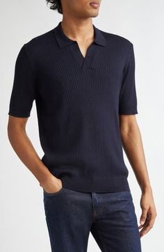 The renowned British label has elevated the wardrobe-staple polo with this rib-knit version crafted for softness from a blend of silk and cotton. 26 1/2" length (size Medium) Button half placket Spread collar Short sleeves 55% silk, 45% cotton Dry clean or hand wash, dry flat Made in Portugal Designer Clothing Workwear Ribbed Polo Sweater With Collared Neckline, Ribbed Polo Sweater For Work With Collared Neckline, Classic V-neck Polo Shirt With Ribbed Collar, Classic Textured Knit Polo Shirt With Collar, Elegant Short Sleeve Polo Sweater With Ribbed Collar, Fitted Ribbed Polo Sweater With Collared Neckline, Fitted Ribbed Polo Sweater With Collar, Fitted Ribbed Collared Polo Sweater, Short-sleeved Ribbed Polo Sweater For Fall