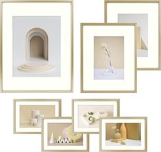 there are many different pictures on the wall with one white flower in the vase and two beige frames