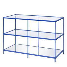 a blue metal shelf with glass shelves on each side and one shelf below the shelf