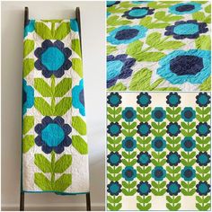 three different pictures of blue and green quilts