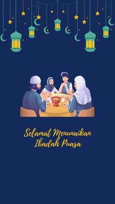 an illustration of three people sitting at a table with the words selamat mewak kera thaalah pusa on it