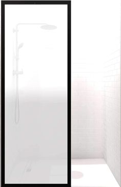 Gridscape GS3 Fixed Panel Shower Screen Black With Satin Deco Glass Main Image Coastal Shower Doors, Custom Shower Doors, Rustic Bathroom Decor, Rustic Glam, Custom Shower, Residential Interior Design, Shower Screen, Rustic Bathroom, Black Metal Frame