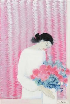 a painting of a woman holding flowers in front of a pink wall with vertical stripes