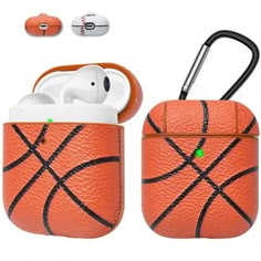 an orange leather case with black stitching and basketball pattern for apple airpodss