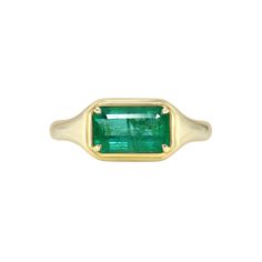 Each of our gemstone signet rings contain a distinctive, one-of-a-kind stone that has been hand-selected by Maggi. Due to the uniqueness of these precious materials, only one is available. One-of-a-kind gemstone ring featuring one custom cut emerald set in an east west emerald cut signet style setting. Classic Green Open Signet Ring, Timeless Emerald-cut Ruby Ring, Emerald Signet Ring For May Birthstone, Green 14k Gold Signet Ring With Bezel Setting, Luxury Emerald Rings With Polished Finish, Timeless Emerald Ring With Polished Finish, Luxury Green Gemstone Signet Ring, Timeless Green Signet Ring With Polished Finish, Fine Jewelry With Polished Emerald Finish