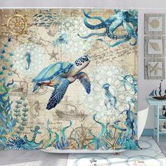 an ocean themed shower curtain with a sea turtle