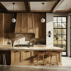 a kitchen with wooden cabinets and stools in front of an open window that looks out onto the outdoors