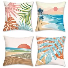 four pillows with palm trees and sunsets on them, all in different colors or shapes