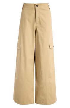 Amp up your casual-cool game in these wide-leg cargo pants crafted from durable cotton. Zip fly with button closure Front slant pockets; back button-flap pockets; cargo flap-patch pockets Lined 100% cotton Machine wash, dry flat Imported Cotton Utility Wide Leg Pants With Multiple Pockets, Utility Cotton Wide Leg Pants With Multiple Pockets, Cotton Wide Leg Cargo Pants For Work, Cotton Wide Leg Pants With Cargo Pockets For Work, Wide-leg Cargo Jeans With Flap Pockets For Work, Cotton Wide Leg Pants With Cargo Pockets For Spring, Spring Cotton Wide Leg Pants With Cargo Pockets, Utility Style Cotton Wide Leg Pants With Side Pockets, Utility Cotton Wide Leg Pants With Side Pockets