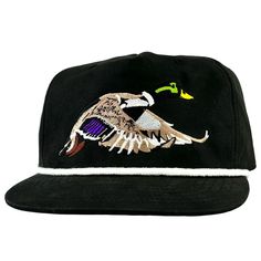 Mallard Duck Embroidered on a black rope SnapBack hat cap Bleach T Shirts, Vintage Trucker Hats, White Rope, Snapback Caps, Hat Custom, Black Snapback, Mallard Duck, Black Rope, Colorful Candy