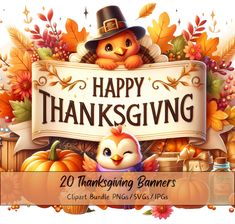 happy thanksgiving banner with turkey and pumpkins