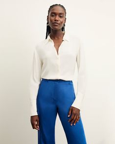 Smith Pant - Everyday Satin :: Sapphire – M.M.LaFleur Elegant Tailored Straight Bottoms, Classic Silk Straight Leg Bottoms, Elegant Straight Bottoms For Formal Occasions, Elegant Straight Pants For Formal Occasions, Elegant Straight Formal Bottoms, Classic Silk Straight Leg Pants, Elegant Straight Bottoms For Business Casual, Elegant Straight Pants For Work, Elegant Straight Bottoms