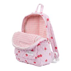 Our Strawberry Backpack is a charming and stylish bag designed to carry all your essentials with a timeless flair. The quilted exterior features a beautiful strawberry-themed pattern, complemented by a classy pink gingham interior. Designed for practicality, this backpack features a convenient exterior pocket for easy access to your essentials on the go. Inside, discover another dedicated pocket for added organization, ensuring that your belongings are always at your fingertips. Ideal for daily Cute Bag Packs, Field Trip Backpack, Cute School Accessories, Cute Bag For School, Kawaii Bookbag, Cute Bags And Purses, School Bag Ideas, Cute Bags For School, Amazon Backpack