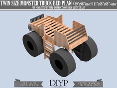 an image of a wooden monster truck with wheels and no tires on the front side