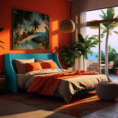 a bedroom with an orange wall and palm trees in the window, along with a blue bed