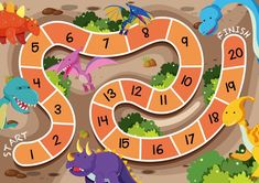 a board game with dinosaurs and numbers on the board illustration for children's books