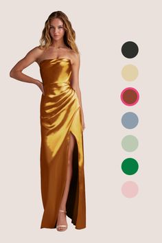 Let your bridesmaids wear our metallic satin mermaid dress, Leonis. Her strapless cowl neckline offers removable straps and a bandeau back over a keyhole detail. The skirt has beautiful pleating details over a front leg slit that opens beautifully with every step. Copper Bridesmaid Dress, Bronze Bridesmaid, Bronze Bridesmaid Dresses, Copper Bridesmaid, Copper Bridesmaid Dresses, Satin Mermaid Dress, Satin Bridesmaid Dresses, Cowl Neckline, Bridesmaids Dresses