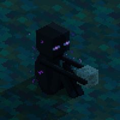 a pixellated image of a black cat holding a piece of food