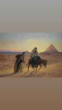 a painting of two people riding horses in the desert