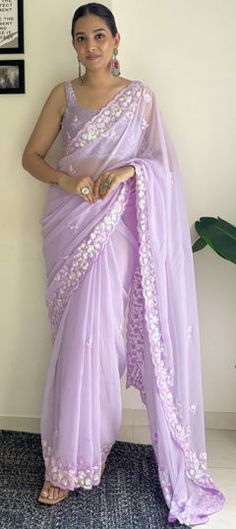 Purple and Violet color Saree in Georgette fabric with Embroidered, Sequence work Purple Floral Embroidery Saree For Reception, Purple Floral Embroidered Saree For Reception, Purple Georgette Saree For Wedding, Purple Georgette Pre-draped Saree For Celebration, Elegant Purple Saree With Floral Embroidery, Purple Georgette Pre-draped Saree, Purple Embroidered Georgette Pre-draped Saree, Purple Embroidered Georgette Fabric Saree, Bollywood Night