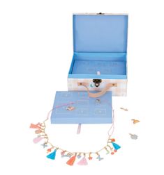 a blue box with charms and a necklace in the shape of an open suitcase on a white background