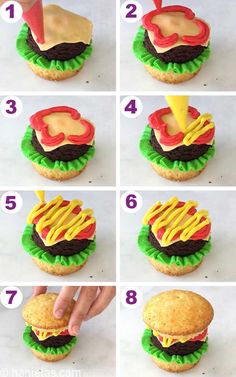 step by step instructions on how to make a hamburger burger cake for kids and adults