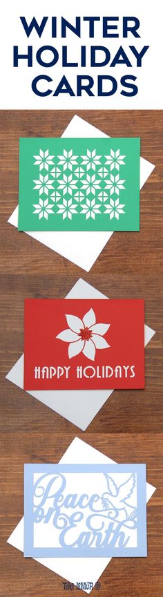 four christmas gift cards with the words happy holidays on them and an image of snowflakes