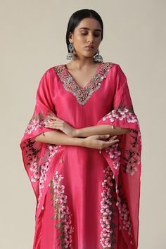 Pink kaftan in an ombre asymmetric base featuring handpainted flowers, embellished by sequin, bead and coin tassels on neckline. - Aza Fashions Summer Festive Hand Embellished Kaftan, Festive V-neck Hand Embellished Kaftan, Festive V-neck Kaftan With Floral Embroidery, V-neck Embellished Kurta For Wedding, Spring Wedding Kaftan With Dupatta, Bollywood Style Summer Wedding Kaftan, Spring Designer V-neck Dress, Festive V-neck Wedding Kaftan, Spring Wedding Kaftan With Traditional Drape