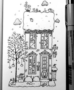 a drawing of a house in the snow